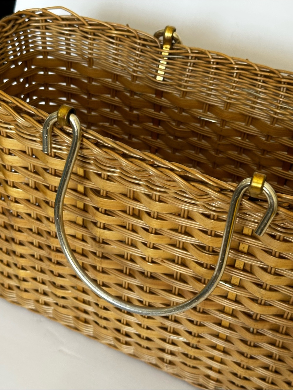 Woven Rattan Tote Bag with Silver Handles - Camel
